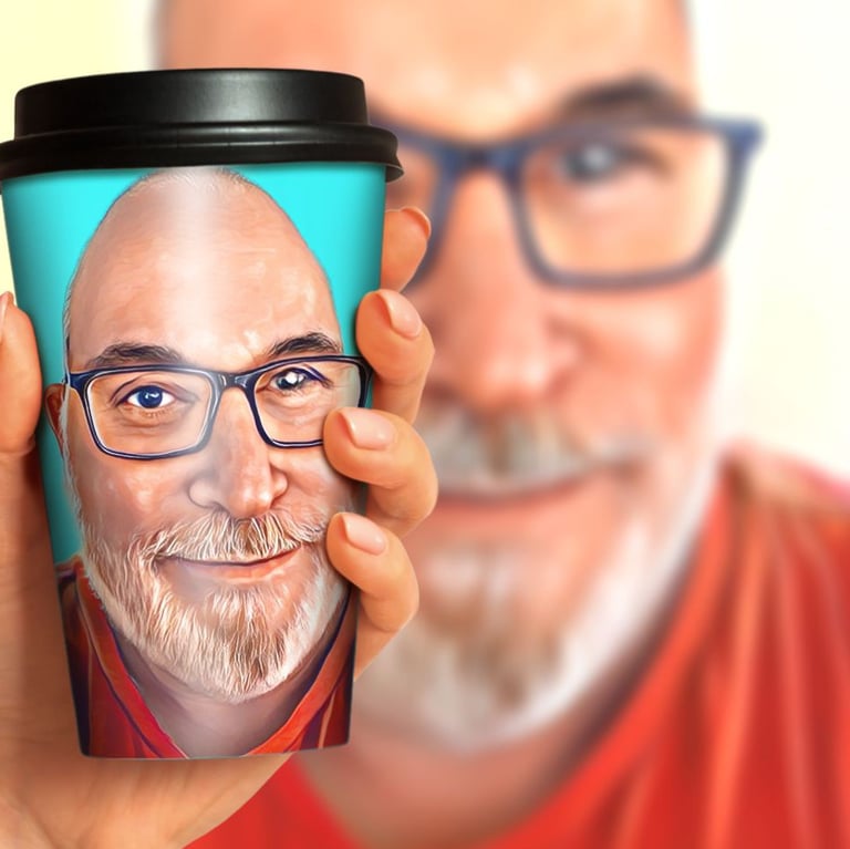 Mark Gillan on a coffee cup and same image in the background