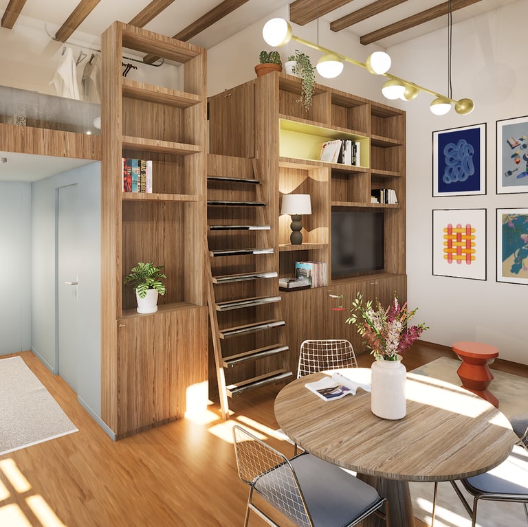 Découvrez le projet Airbnb Lyon, appartement de 27m2 avec une bibliothèque comme coeur du projet