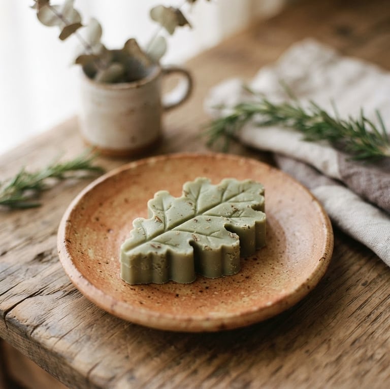Gros plan sur un fondant parfumé en forme de feuille, posé sur un plat en céramique brute, avec un éclairage doux et diffusé, tons terre cuite et sauge, textures tactiles, faible profondeur de champ.
