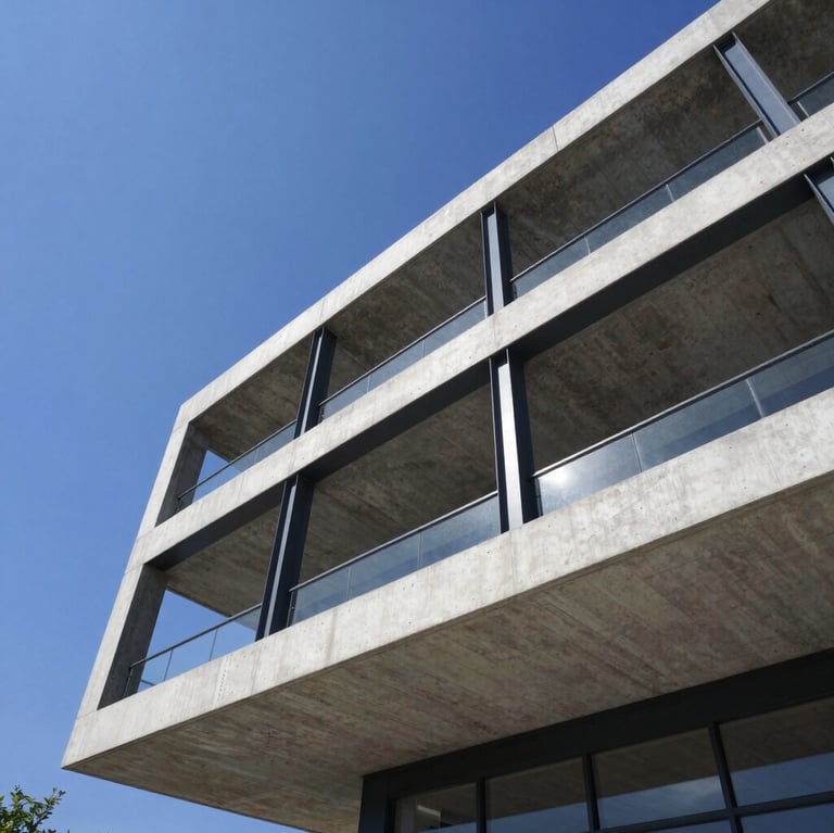 Low-angle portrait of a modern concrete and steel structure rising into a clear blue sky, clean geometric lines, bright daylight, high contrast