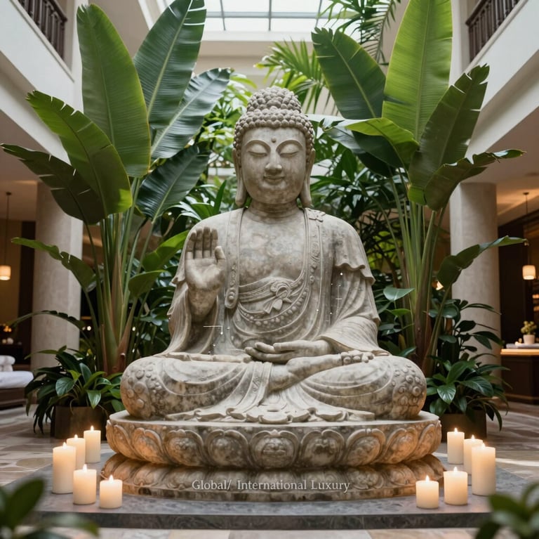 A majestic stone Buddha statue surrounded by white candles and lush green tropical leaves in a serene luxury spa atrium, natural light pouring from above, Global / International Luxury.