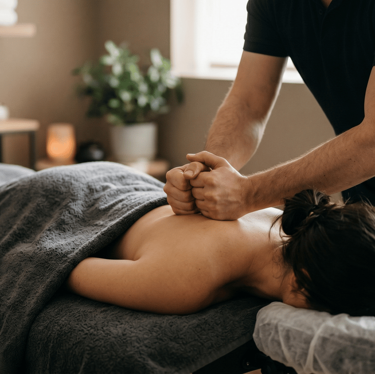 Male therapist applying deep tissue massage pressure to a female client's upper back.