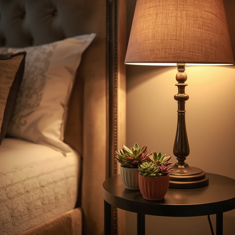 Warm bedside table setup with decorative lamp and succulents, soft cozy bedroom lighting.