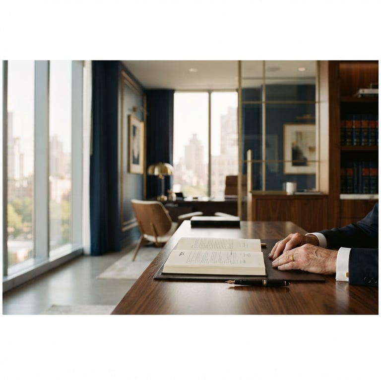 Wide panoramic frame of elegant architectural details of a modern law office, soft window daylight, deep navy and muted gold tones, shallow depth of field, 35mm. A lawyer's hands are subtly resting on a polished dark wood desk with a high-quality fountain pen and a legal document, positioned on the right third of the frame, with expansive negative space on the left.