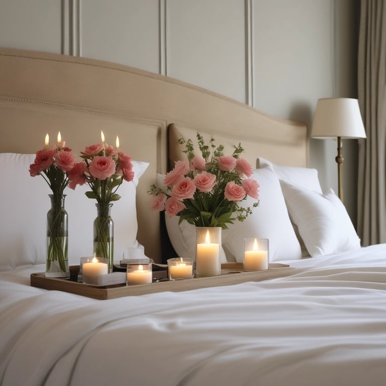 a bed with candles and candles on a tray