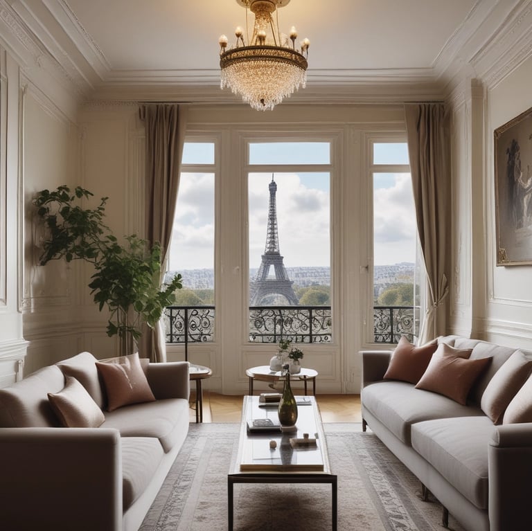 a living room with a chandelier and a chandelier