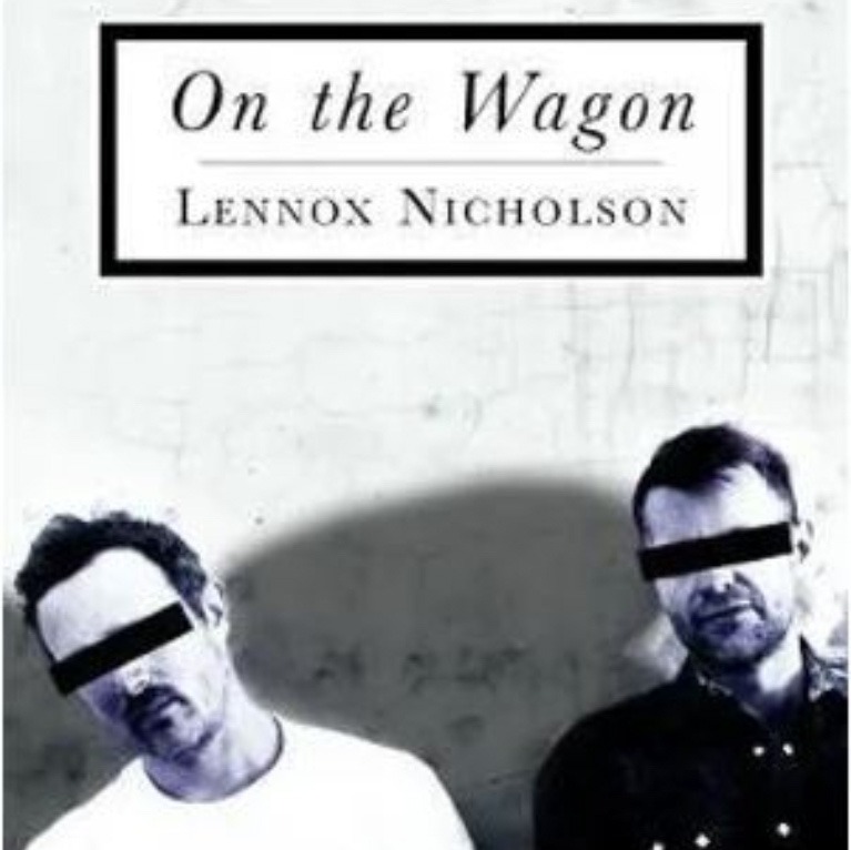 Book cover featuring a black & white image of two men in front of a wall, their faces masked by horizontal black stripes