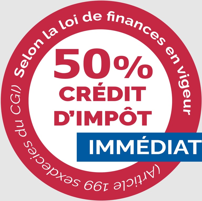 a red and white circle with the words 50 % off credit card