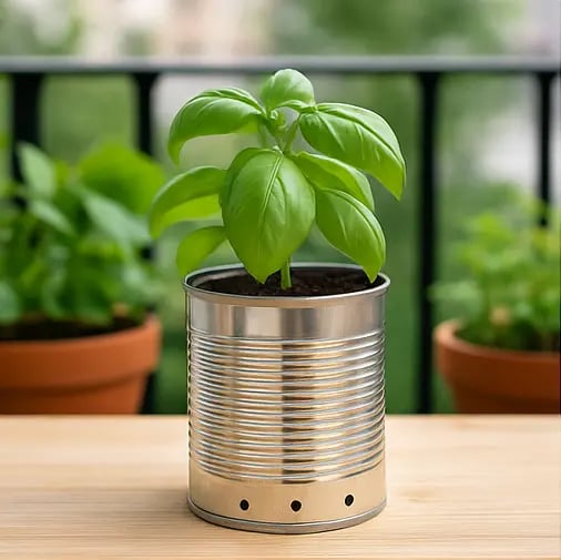 Jeune plant de basilic cultivé dans une boîte de conserve recyclée, posée sur une table en bois