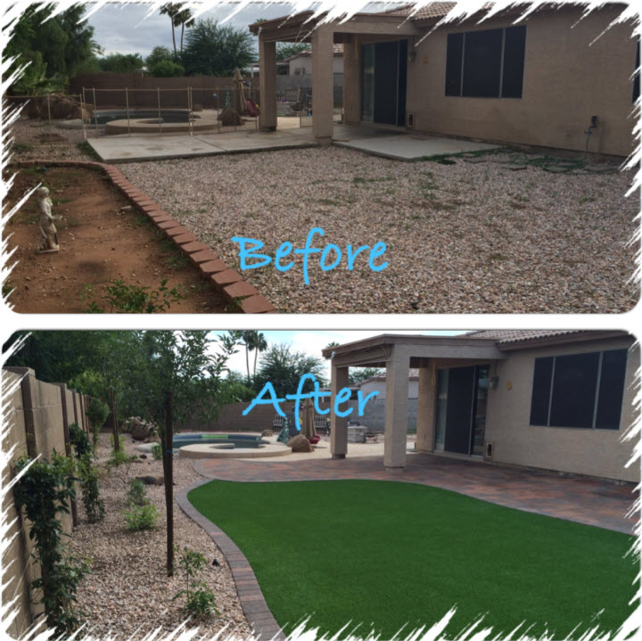 a before and after backyard patio with a lawn photo