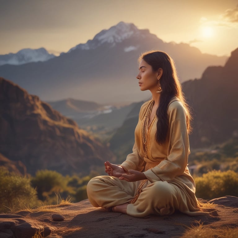 A tranquil setting with a person meditating by a peaceful river, reflecting harmony and stillness.