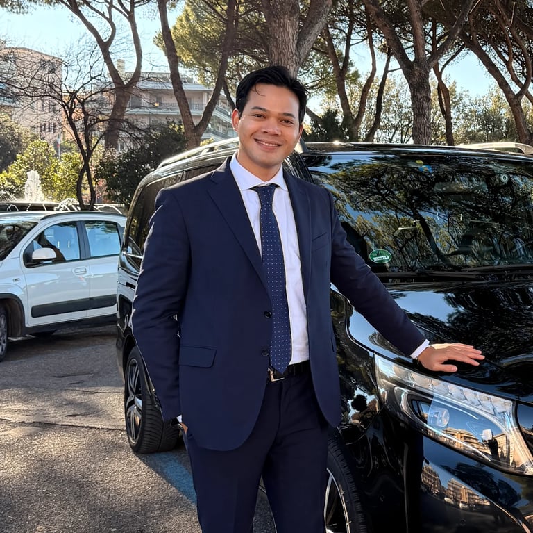 Phil Europe founder with private Mercedes van, Filipino driver service in Rome