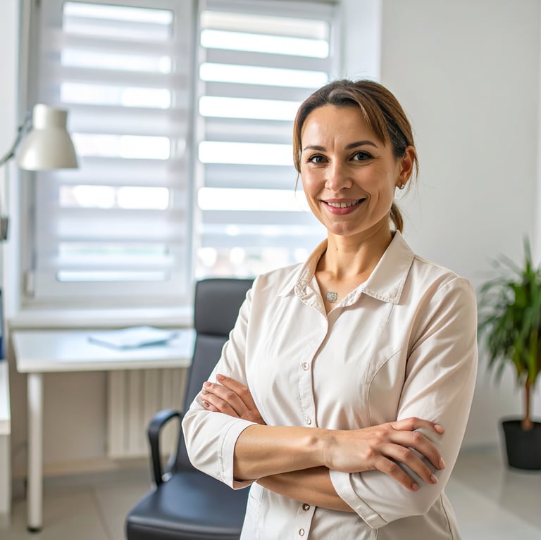 Mujer sonriente sentada en un consultorio