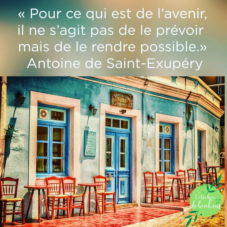 a restaurant with a blue door and a quote about the french language