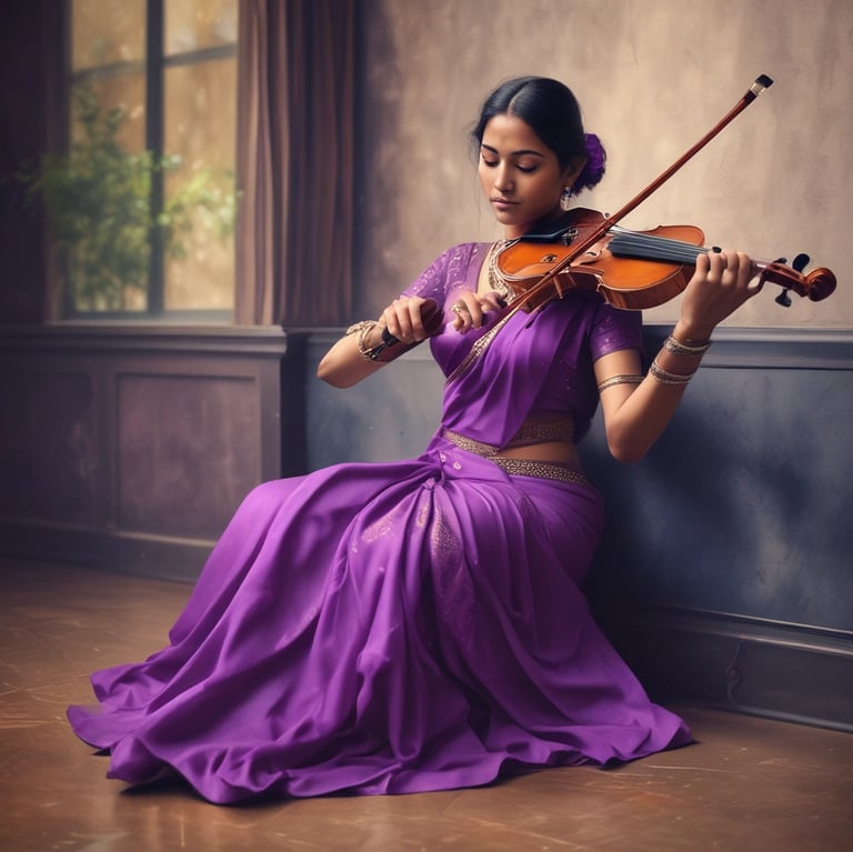 A joyful child playing sitar with a teacher guiding gently in a bright, welcoming music room.