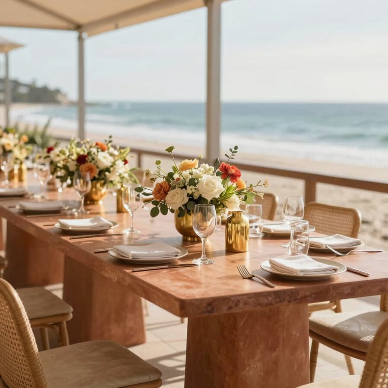 Diseño conceptual de una mesa de eventos moderna con flores naturales y detalles dorados en una terraza frente al mar de Veracruz