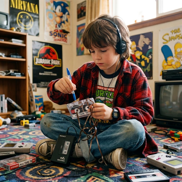 A young boy in a 90s bedroom fixes a cassette tape with a pen while wearing Sony Walkman headphones.