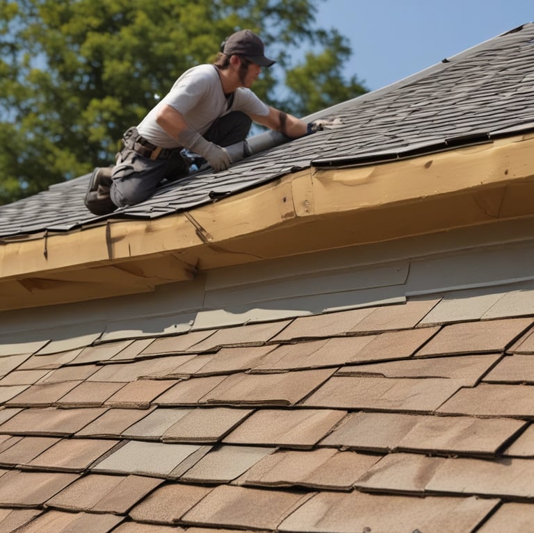 A roofing professional inspecting a residential roof on a sunny day.