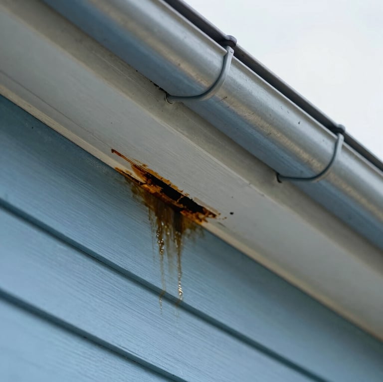 Close-up portrait shot of a sagging gutter pulling away from a fascia board, with visible water stains and rot, under bright daylight. Sharp focus on the damaged area, highlighting the structural problem.