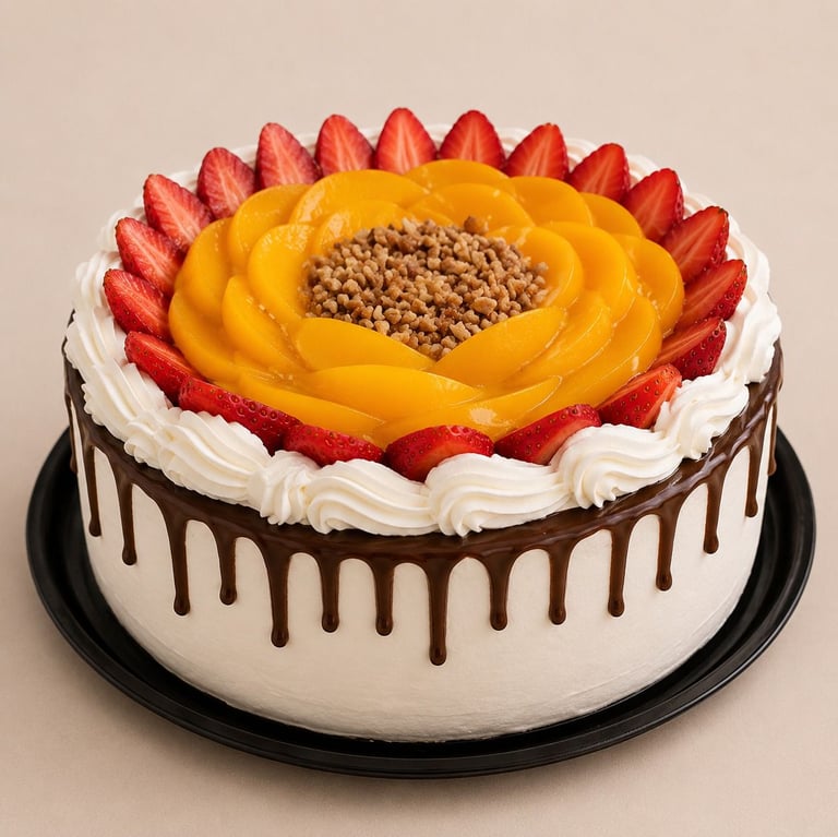 pastel decorado con fruta, betun y chocolate derretido