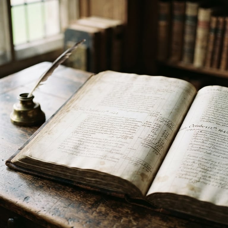 Scholarly editorial photography of a seventeenth-century ledger book open on a dark oak desk, soft diffused library window light illuminating the handwritten ink, shallow depth of field, 35mm.