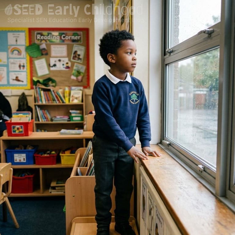 A four year old boy with ADHD stands on classroom furniture to look out of the window 