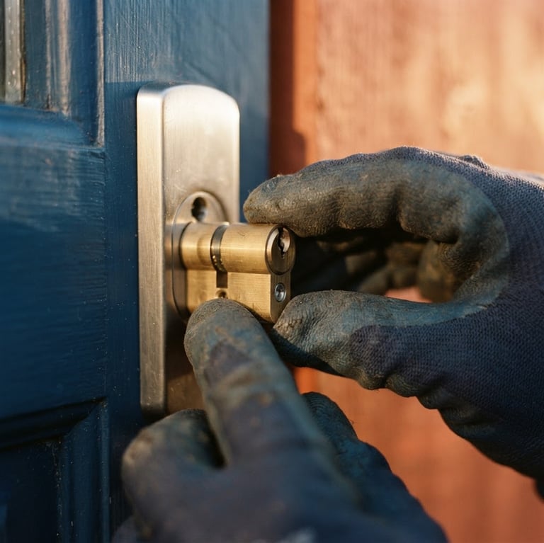 Close-up of hands wearing work gloves, precisely inserting a brass cylinder into a modern door lock, natural golden-hour light, shallow depth of field, warm terracotta and deep blue tones.