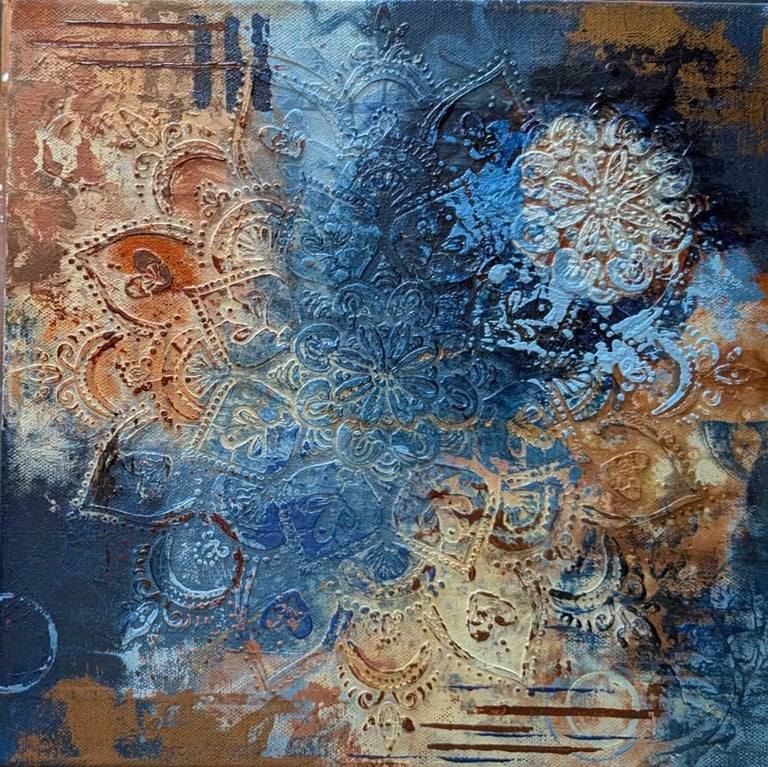 Burnt sienna and ultramarine mandala abstract painting