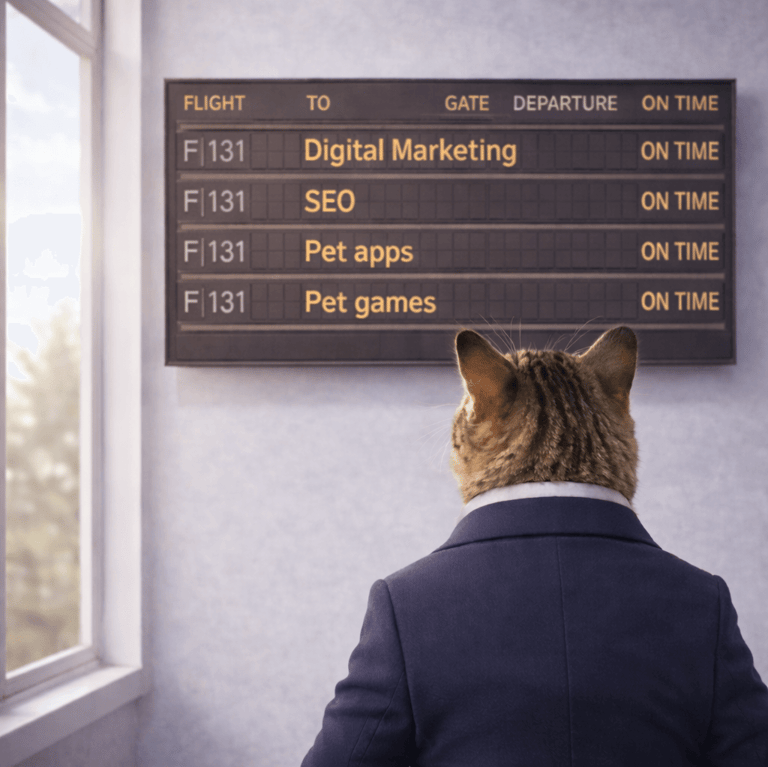 A cat in a business suit looking at an airport flight board featuring digital marketing and SEO keywords.
