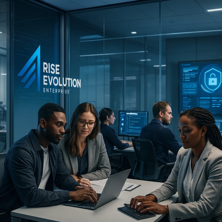 Team discussing cybersecurity strategy at Rise Evolution Enterprise headquarters