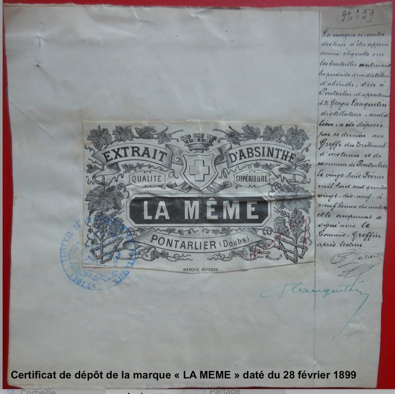 certificat de depot de la marque la meme 1899 absinthe georges lanquetin