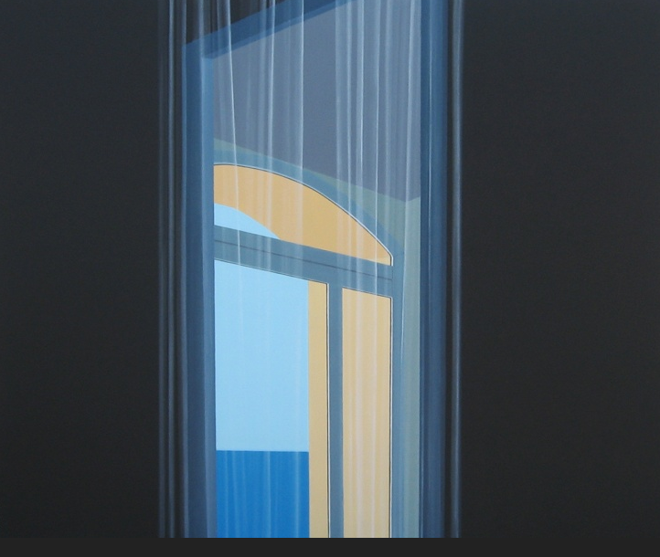 a painting of a window with a view of a beach