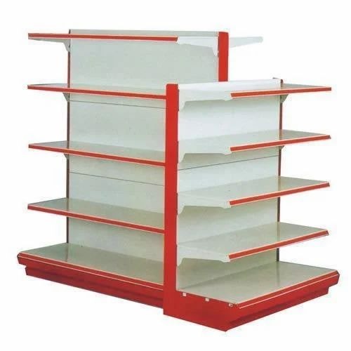 red and white free standing unit supermarket display rack