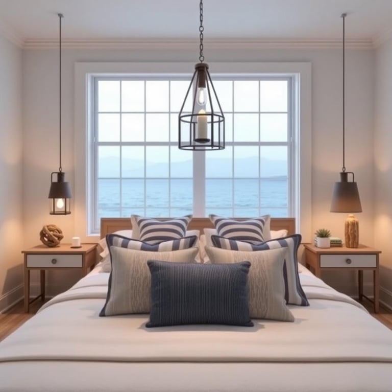 a nautical themed bedroom with a bed and a lamp