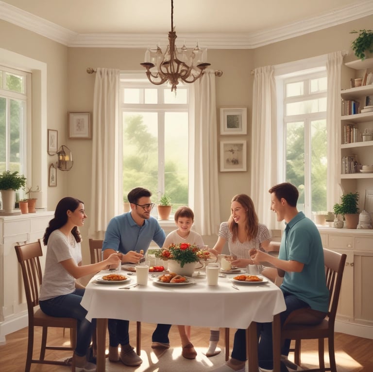 A warm, inviting home with a family smiling on the porch at sunset.
