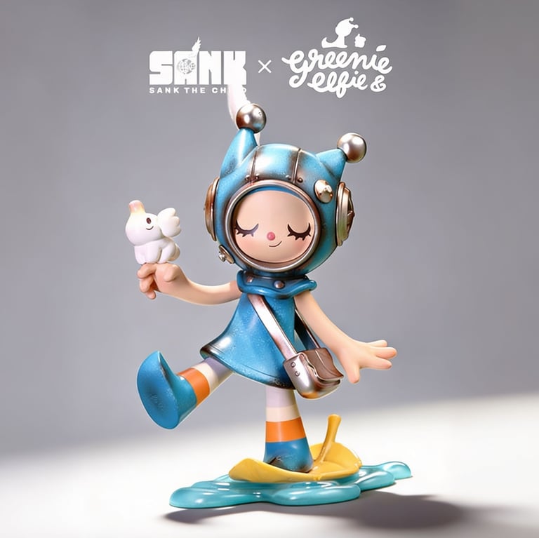 Sank the Child x Greenie and Elfie blue vinyl designer toy figure sliding on a yellow leaf.
