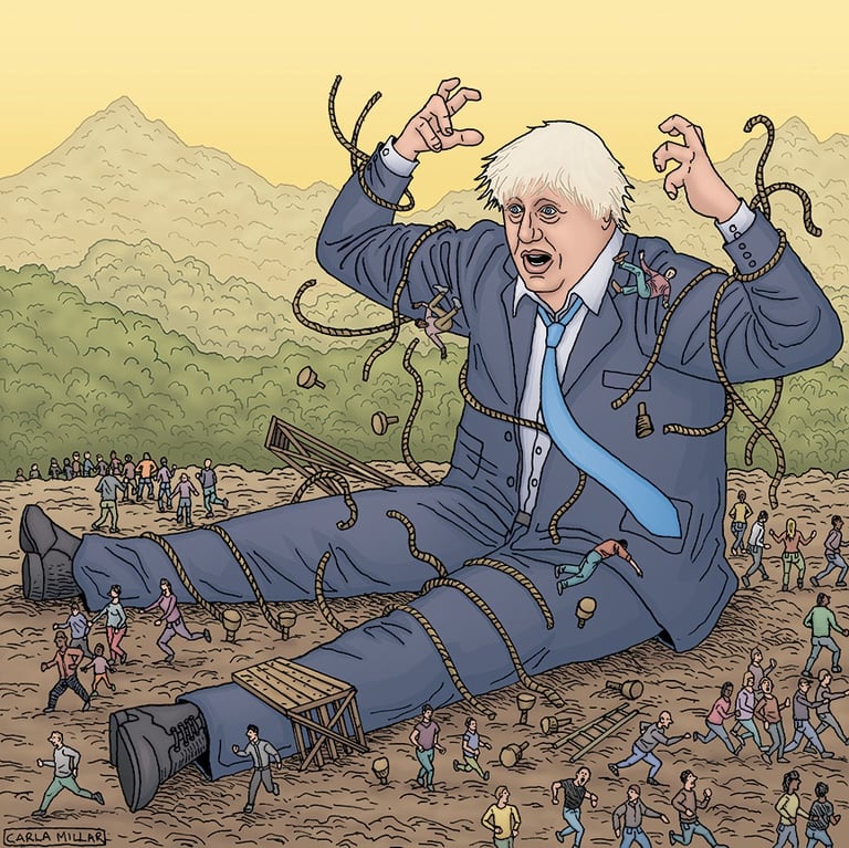 An illustration for ConHome website of Boris Johnson as Gulliver breaking free from the ropes..