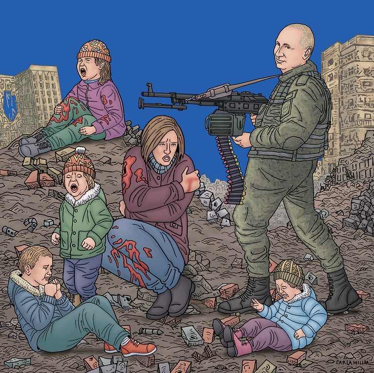Putin standing in front of crying kids and mother in a bombed out area of Ukraine.