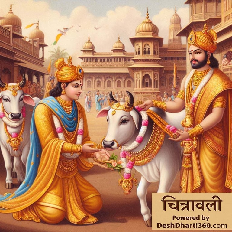 A traditional Indian painting of a noble king (like Harishchandra or Raja Dilip) performing ‘Gau Daa
