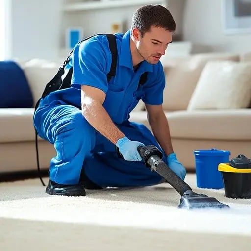 a man in blue overalls and a blue shirt is cleaning a carpet