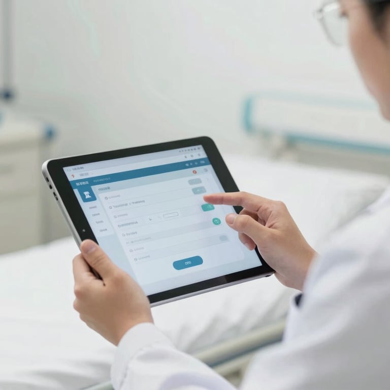 Vietnamese clinician reviewing a secure tablet interface in a modern hospital, bright neutral daylight, professional clinical tones, shallow depth of field, sharp 50mm lens