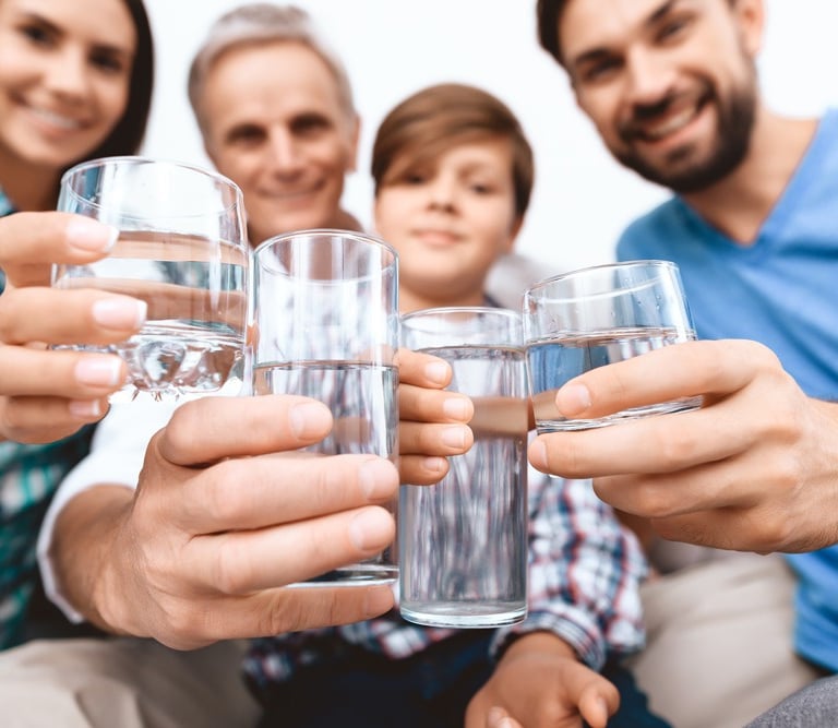 familia celebra el filtrado de agua