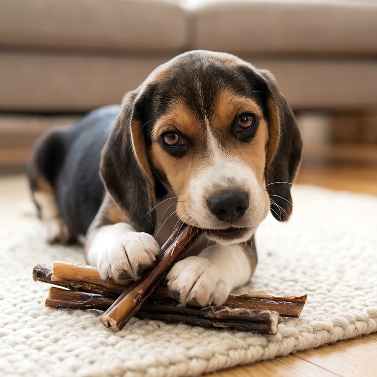 A tricolor Beagle puppy lying on a rug chewing on natural beef pizzle dog treats.