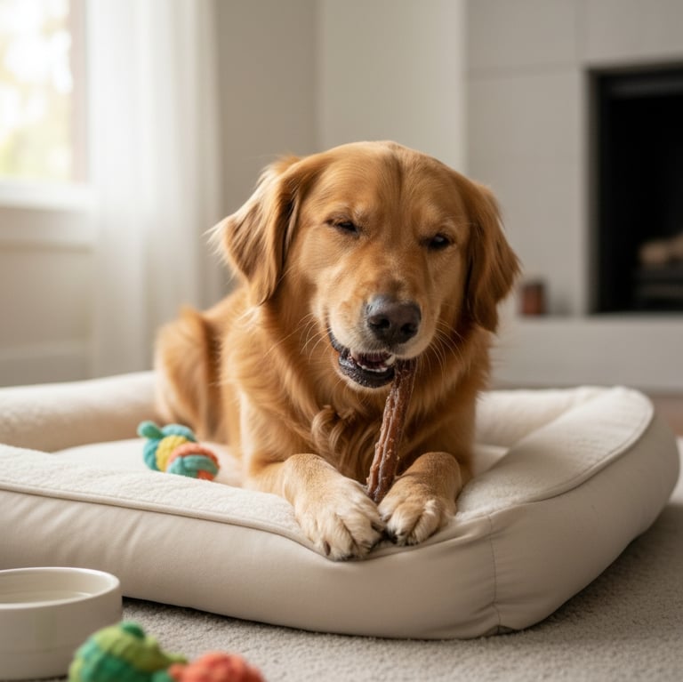 A golden retriever sits in a plush dog bed while chewing on a long dental treat.