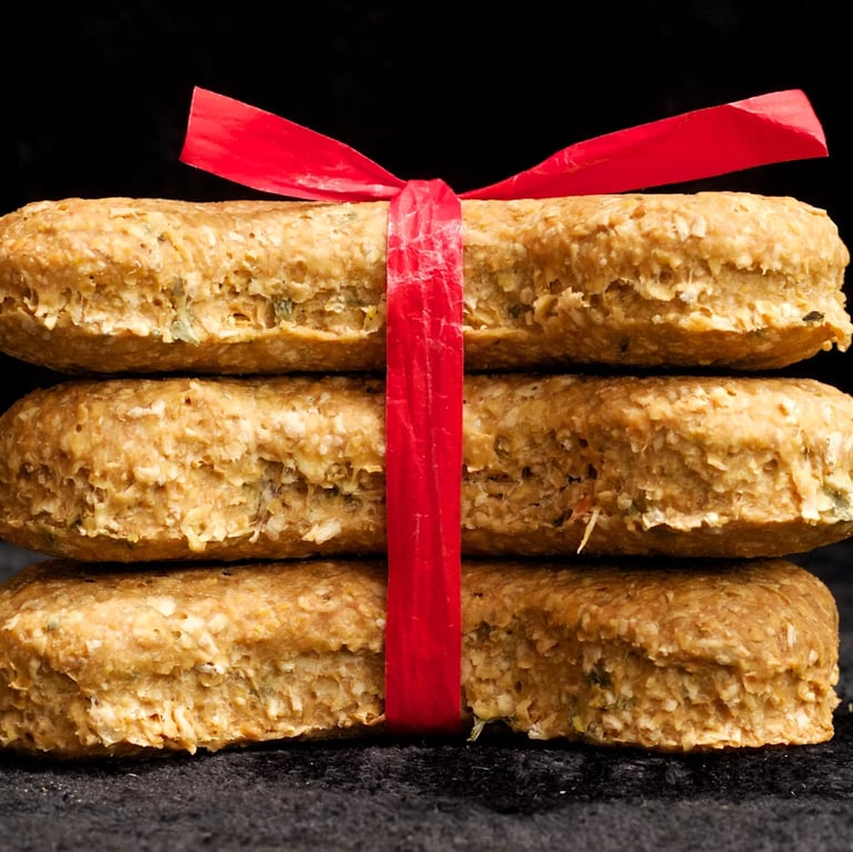 Stack of three homemade organic dog treats tied with a red ribbon against a black background.