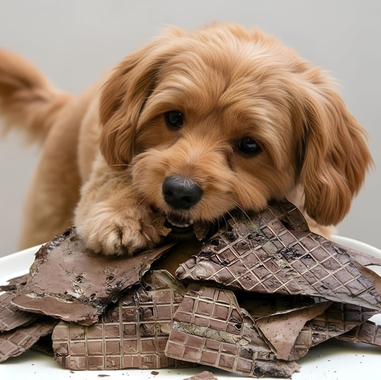 A small brown puppy chewing on a pile of lamb puff dog treats.