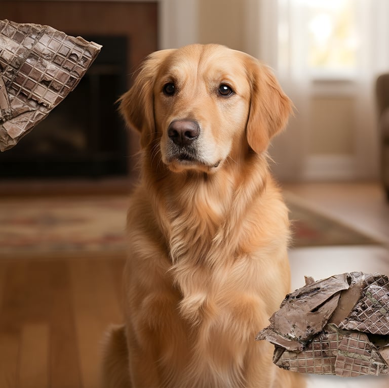 Golden retriever dog sitting near chewed floor tiles and household damage in a living room.