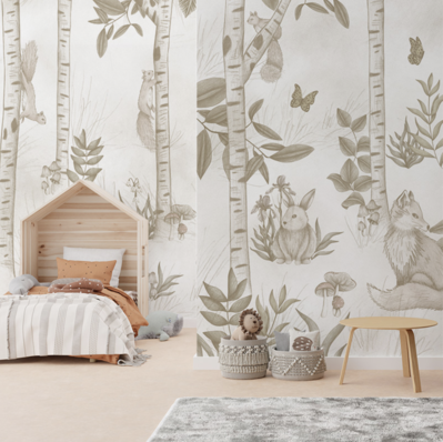 Kids Bedroom with a Woodland Creatures inside a Forest Wallpaper 