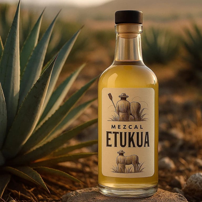 Ilustración que muestra el proceso artesanal de producción de mezcal, desde el agave hasta la botell