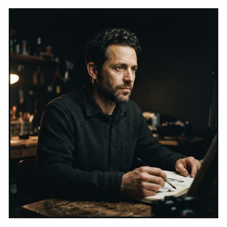 Cinematic portrait of a male creator in deep focus, low-key lighting, subtle warm key light against a dark backdrop, 35mm film grain, high contrast, desaturated tones.